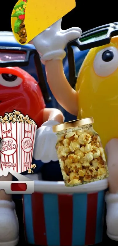 Candy characters enjoying a movie night with popcorn and tacos.