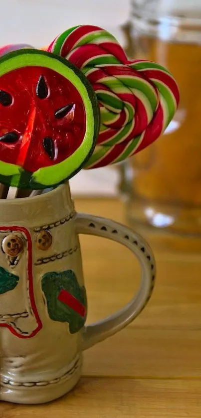 Colorful lollipops in a whimsical mug, perfect for candy lovers.