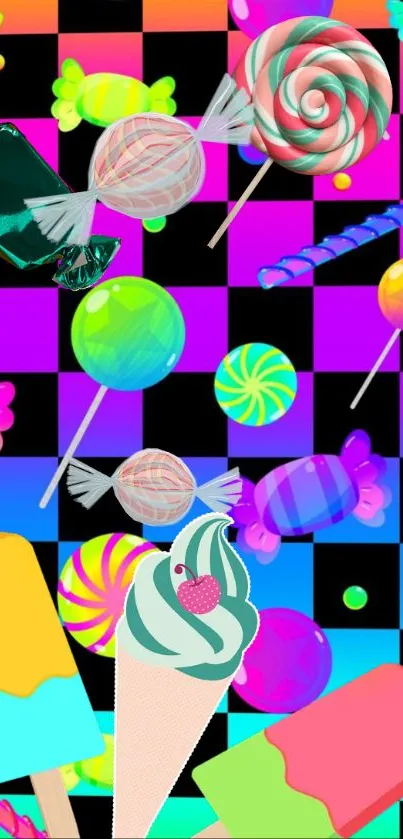 Colorful candy and ice cream pop art wallpaper with a vibrant checkerboard background.