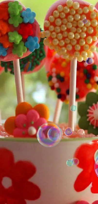 Vibrant candy pops in floral bowl wallpaper.