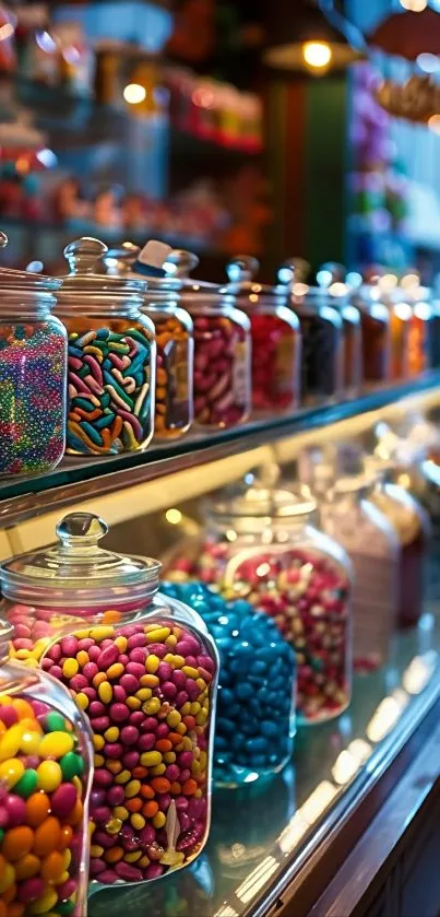 Colorful candies in glass jars line the shop display.