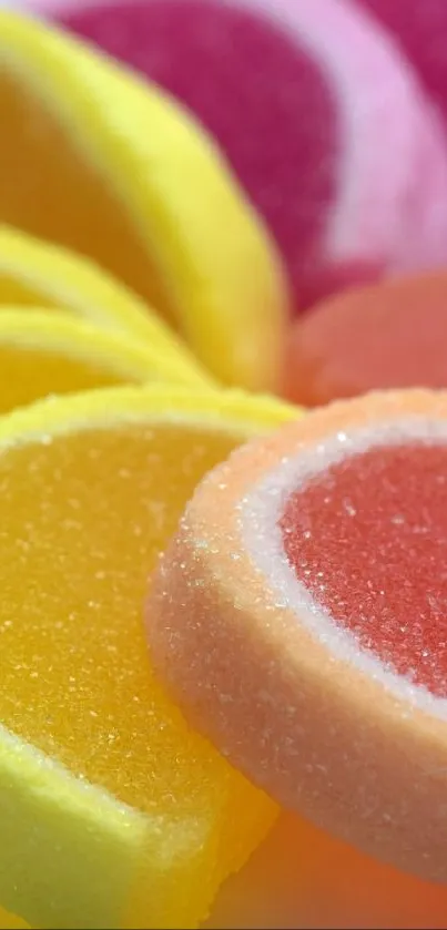 Close-up of colorful, sugar-coated candy slices in vibrant shades.
