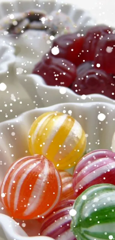 Colorful striped candies dusted with snow in a decorative bowl.