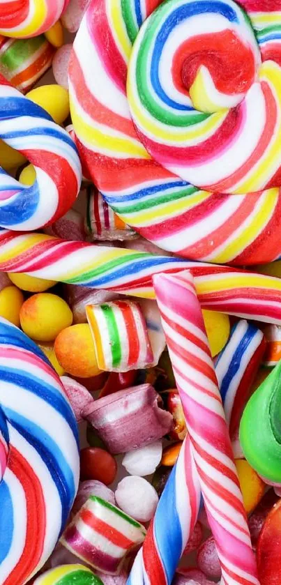 Colorful candy swirl wallpaper with lollipops.