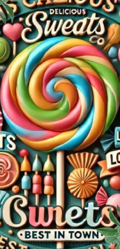 Colorful candy-themed wallpaper with lollipop swirl.