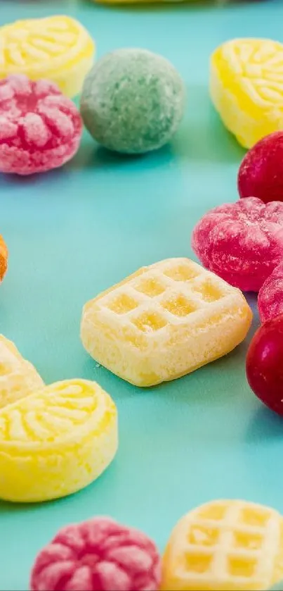 Colorful candies scattered on light turquoise background.