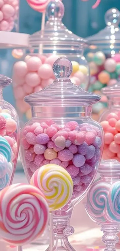 Jars filled with colorful pastel candies.