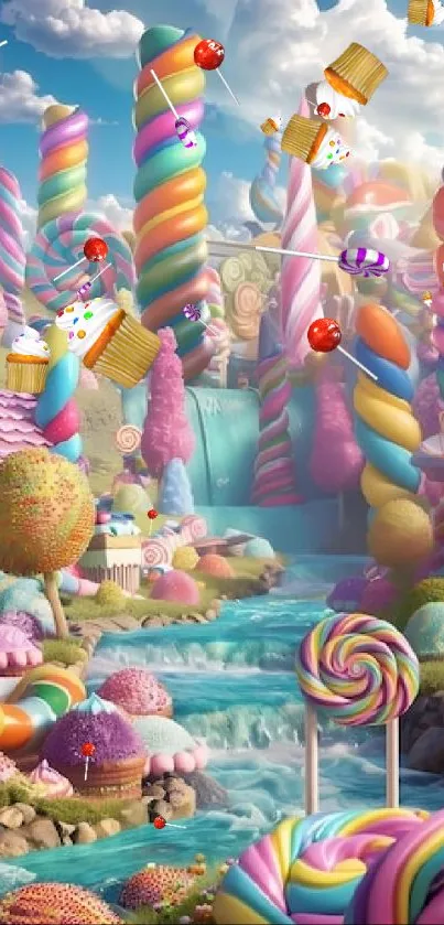 Vibrant candy wonderland with lollipops and cupcakes