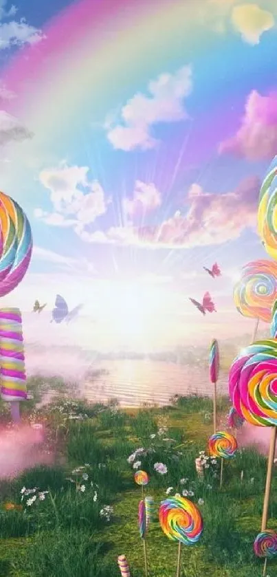 Colorful lollipops and rainbow in fantasy landscape wallpaper.