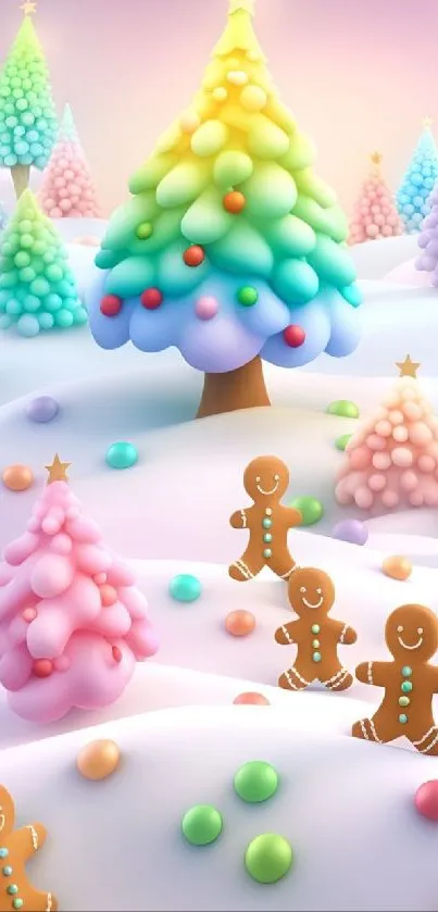 Colorful candy wonderland with gingerbread men and pastel trees.