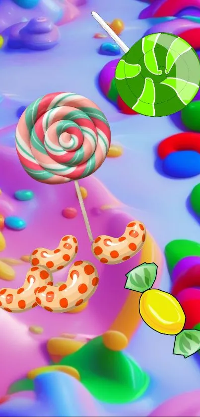 Colorful candy wallpaper with lollipops and vibrant hues.