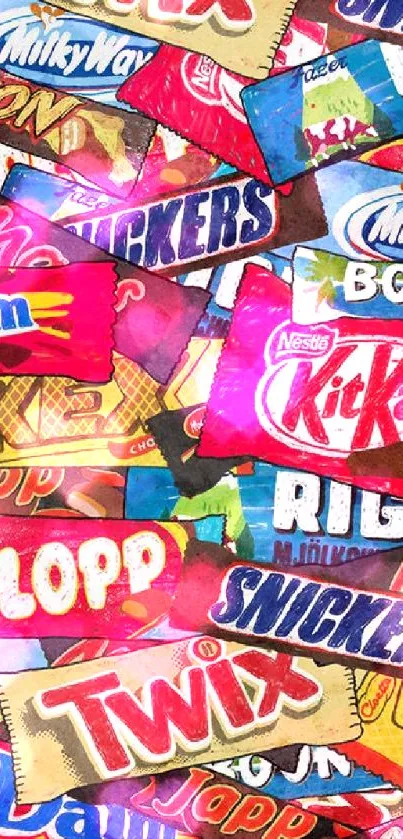 Vibrant candy wrappers collage wallpaper with bold colors for mobile background.