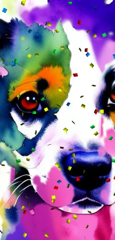 Colorful abstract dog artwork with vibrant paint and confetti.