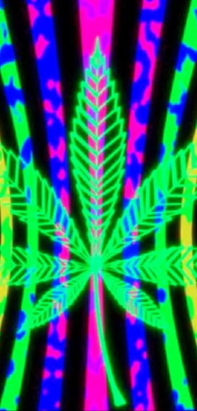 Neon green cannabis leaf on colorful wavy background.