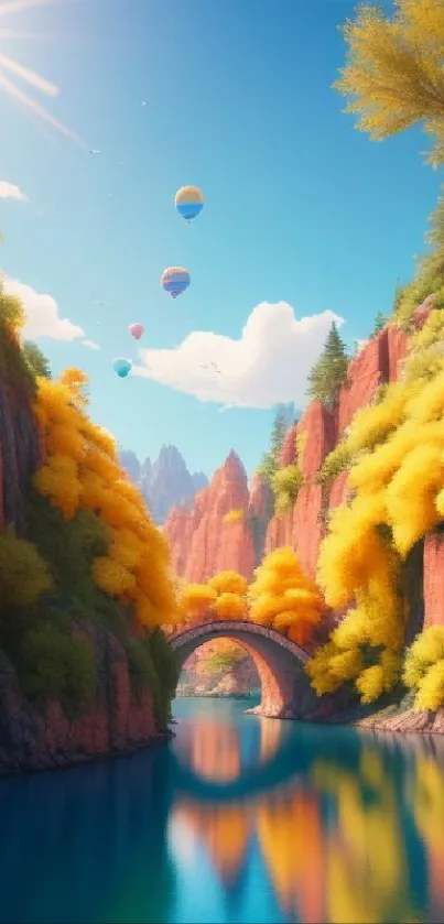 Scenic canyon with hot air balloons and sunny sky.