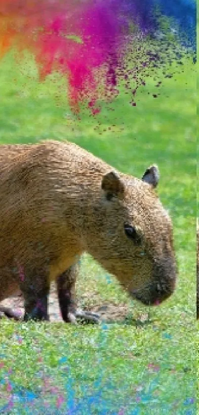 Colorful capybara with paint splash on green grass.