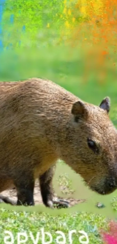 Capybara with colorful abstract background on a mobile wallpaper.