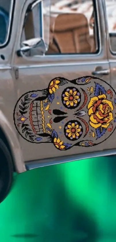 Vintage car with colorful sugar skull art and glowing green background.