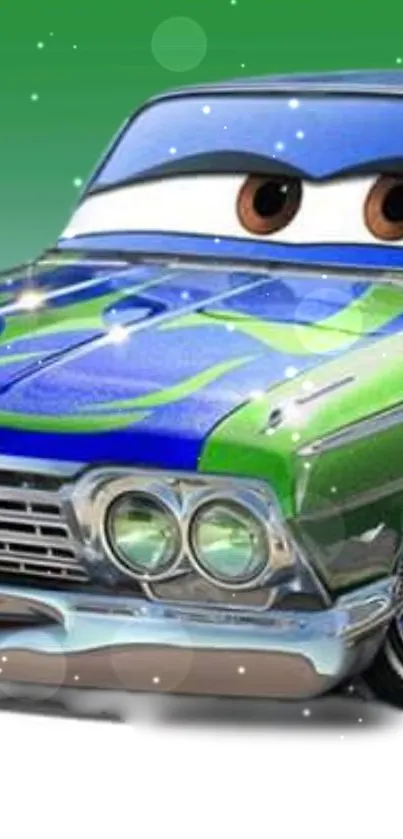 Animated car with green and blue colors on mobile wallpaper.