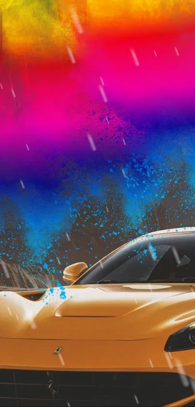 Yellow sports car with vibrant colors and rain effects.