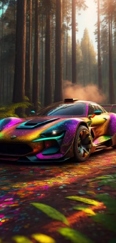 Colorful car driving through a magical forest with sunlight and vibrant colors.