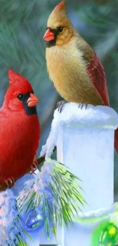 Two cardinals on snow-covered branches in a winter setting.