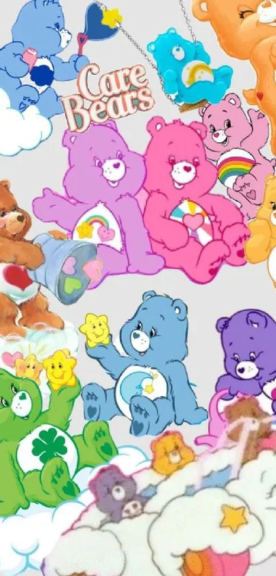 Colorful Care Bears on a whimsical cloud background.