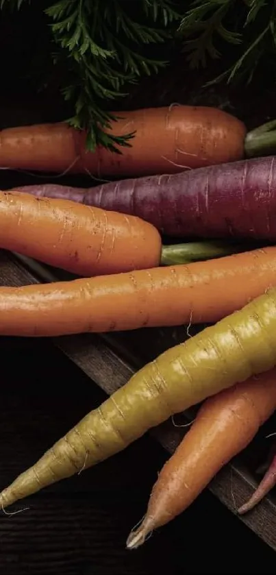 Colorful carrots lying on a dark wooden surface.