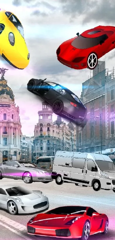 Flying colorful cars over city street art.