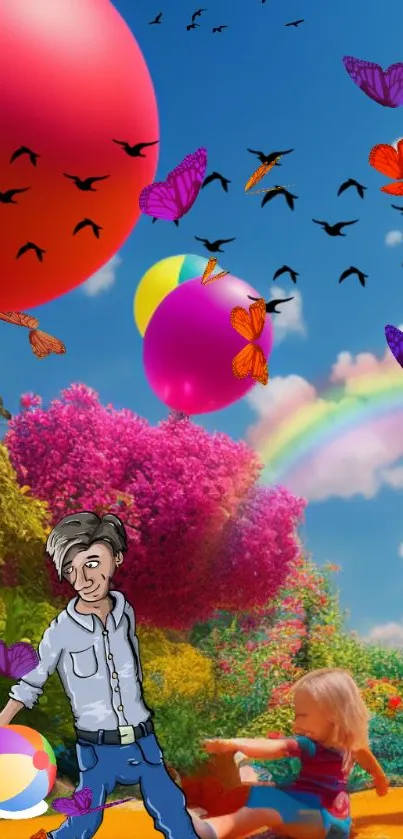 Colorful cartoon scene with balloons and child.