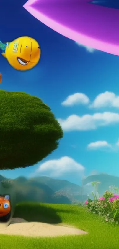 Vibrant cartoon scene with animated characters and lush green landscape.