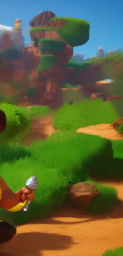 Cartoon character in a vibrant green landscape with a winding path.