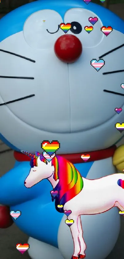 Cute cartoon character with a rainbow unicorn in colorful wallpaper.