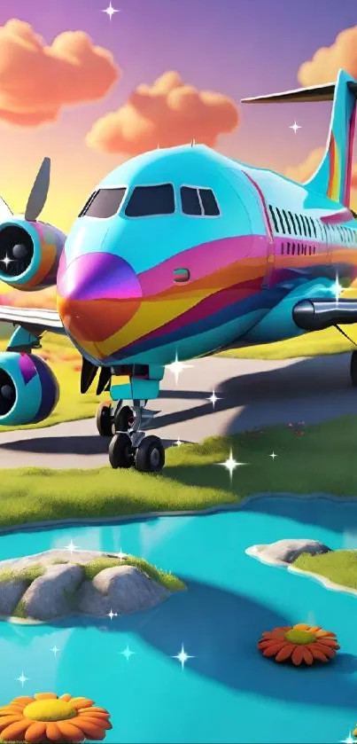 Colorful cartoon airplane against vibrant sky in whimsical landscape.