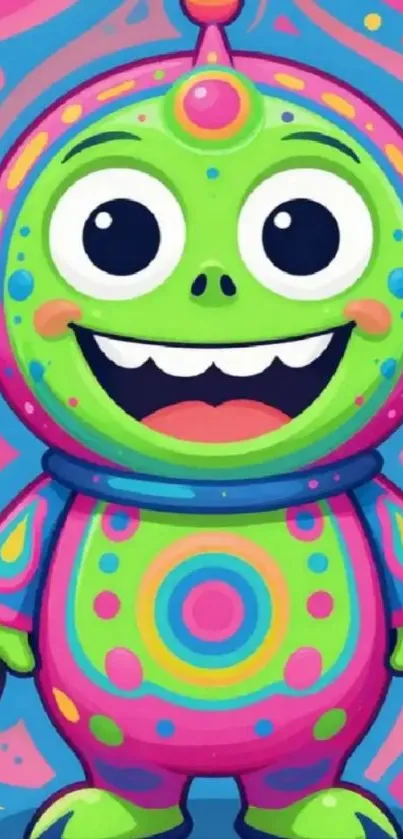Colorful cartoon alien with vibrant patterns and a joyful expression.