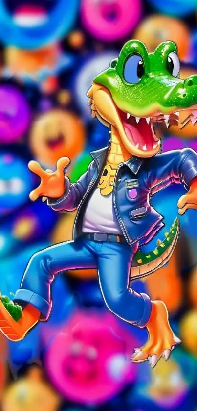 Cartoon alligator in denim with colorful background.