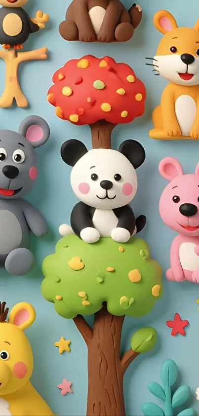 Colorful cartoon animal wallpaper with trees and cute characters.