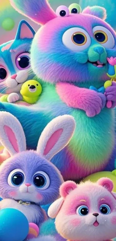 Colorful cartoon animals with pastel hues and fluffy textures.