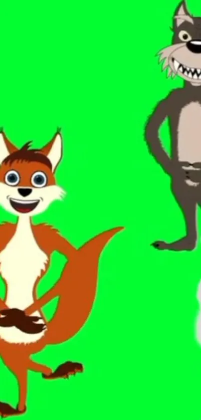 Cartoon fox, wolf, and rabbit on vibrant green wallpaper.