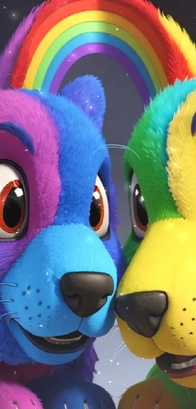 Colorful cartoon animals with a rainbow in mobile wallpaper.