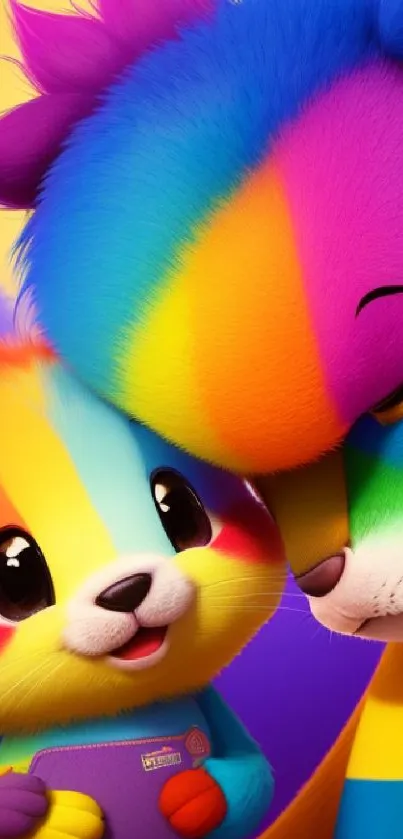 Cute colorful cartoon animals in rainbow hues.