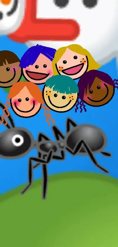 Playful cartoon wallpaper with ant and smiling faces.