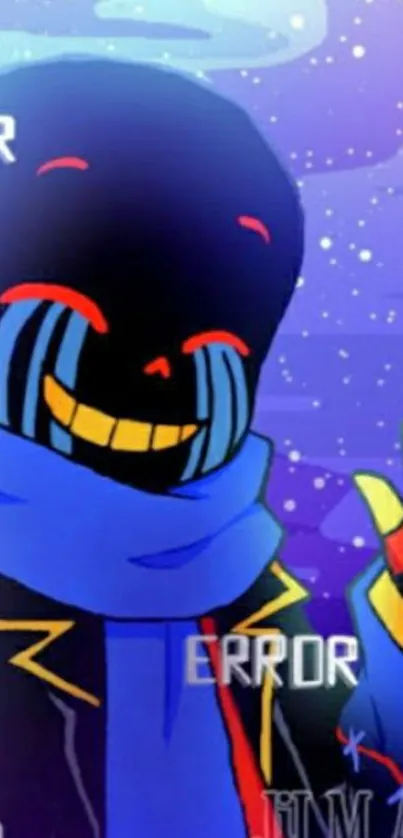 Cartoon character with blue scarf on a starry background.