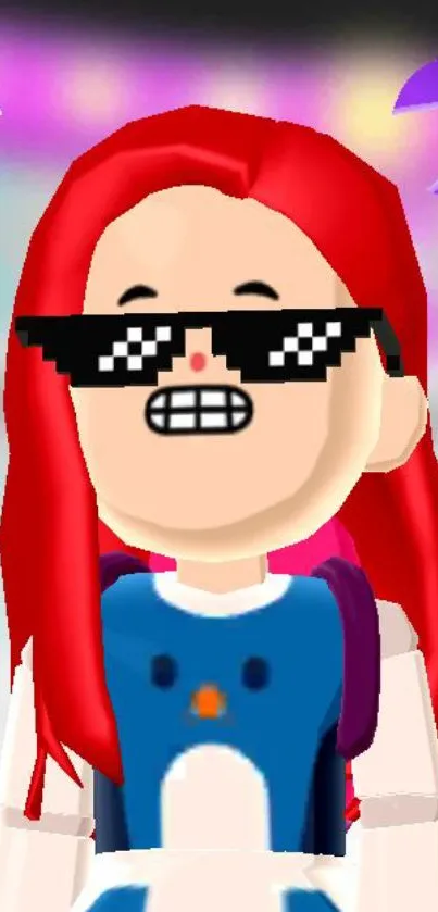 Cartoon avatar with red hair and pixel sunglasses on a colorful background.