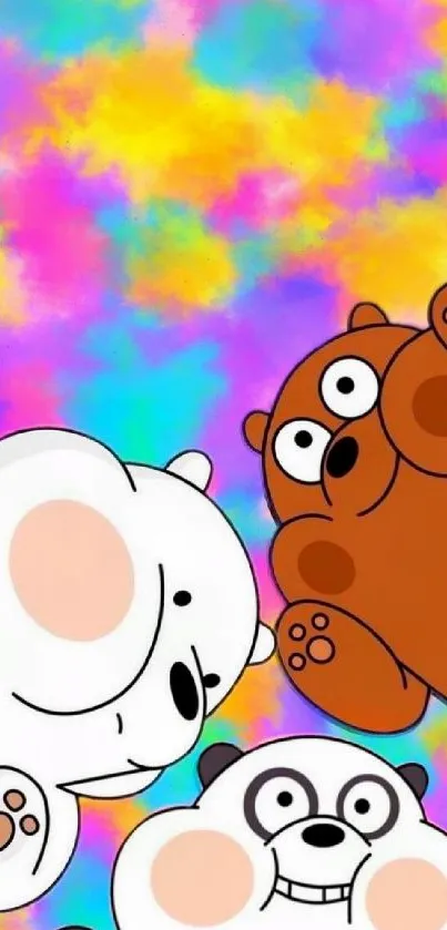 Three cartoon bears with a colorful, playful background.