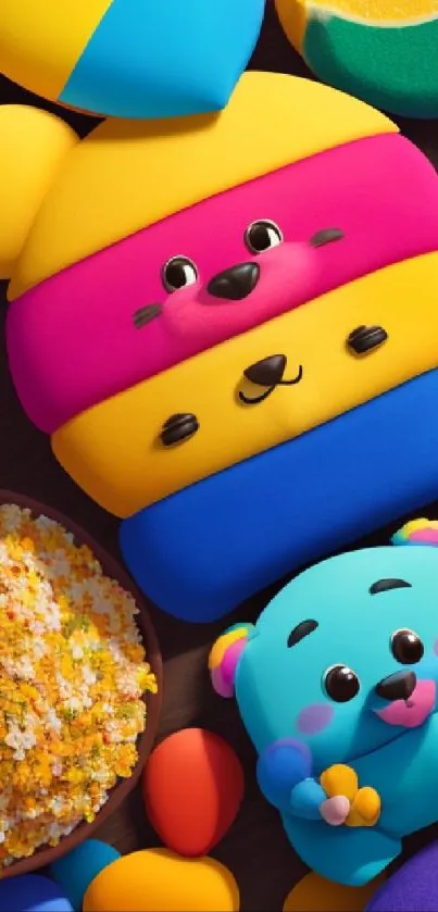 Colorful cartoon bear and plush toys in vibrant hues for mobile wallpaper.