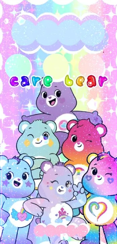 Colorful cartoon bears on pastel background.