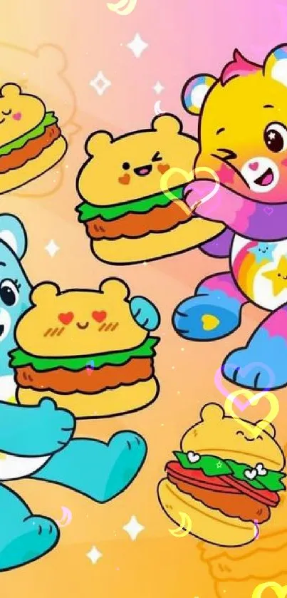 Cartoon bears with burgers on vibrant background.