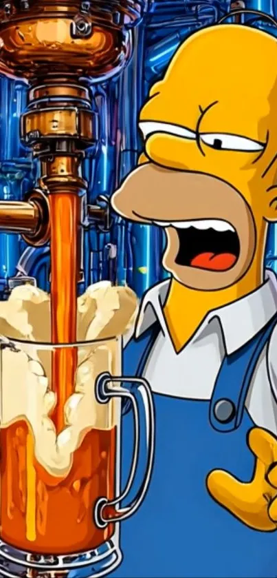 Cartoon character pouring beer in colorful setting.