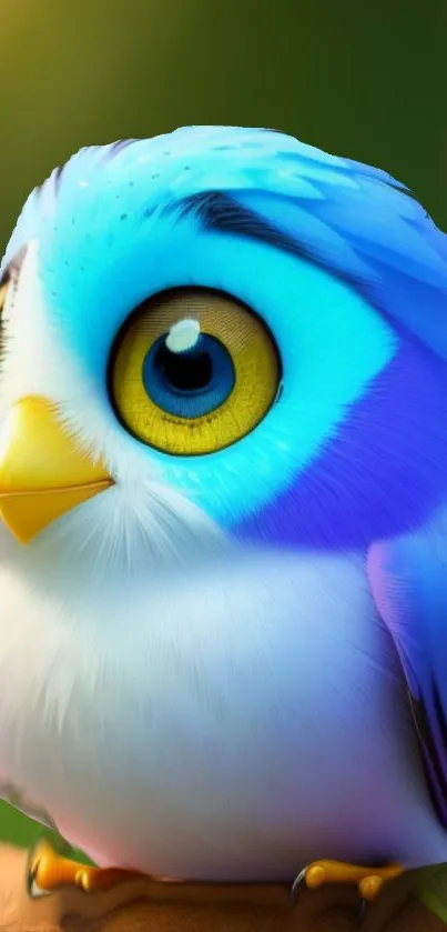 Cute cartoon bird with blue feathers and big eyes.